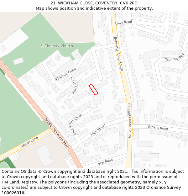 21, WICKHAM CLOSE, COVENTRY, CV6 2PD: Location map and indicative extent of plot