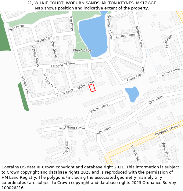 21, WILKIE COURT, WOBURN SANDS, MILTON KEYNES, MK17 8GE: Location map and indicative extent of plot