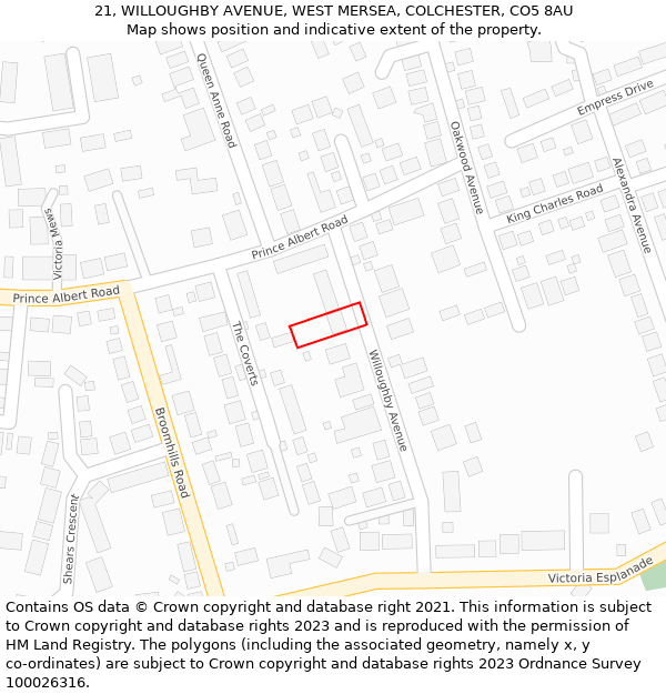 21, WILLOUGHBY AVENUE, WEST MERSEA, COLCHESTER, CO5 8AU: Location map and indicative extent of plot