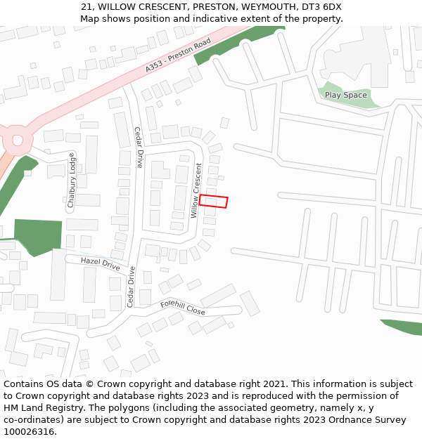 21, WILLOW CRESCENT, PRESTON, WEYMOUTH, DT3 6DX: Location map and indicative extent of plot