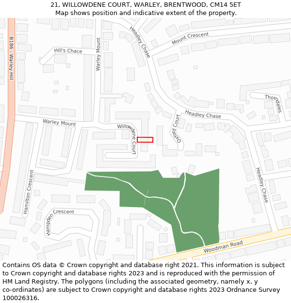 21, WILLOWDENE COURT, WARLEY, BRENTWOOD, CM14 5ET: Location map and indicative extent of plot
