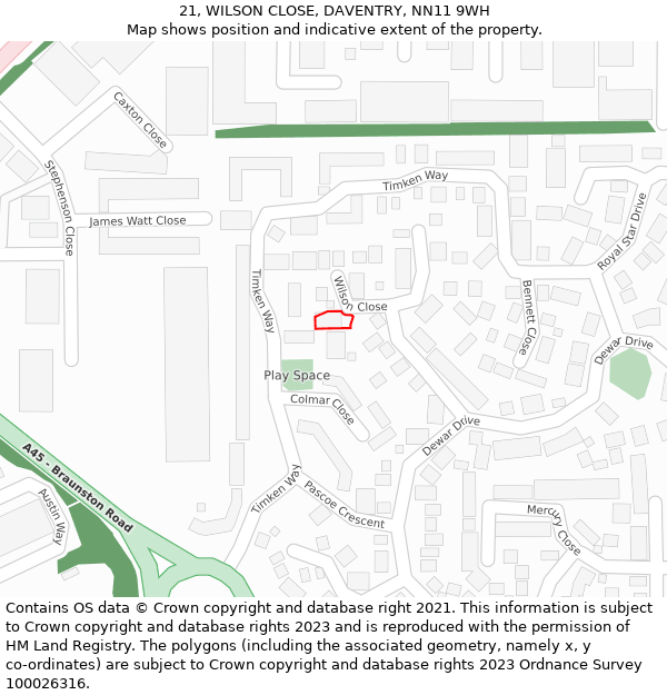 21, WILSON CLOSE, DAVENTRY, NN11 9WH: Location map and indicative extent of plot