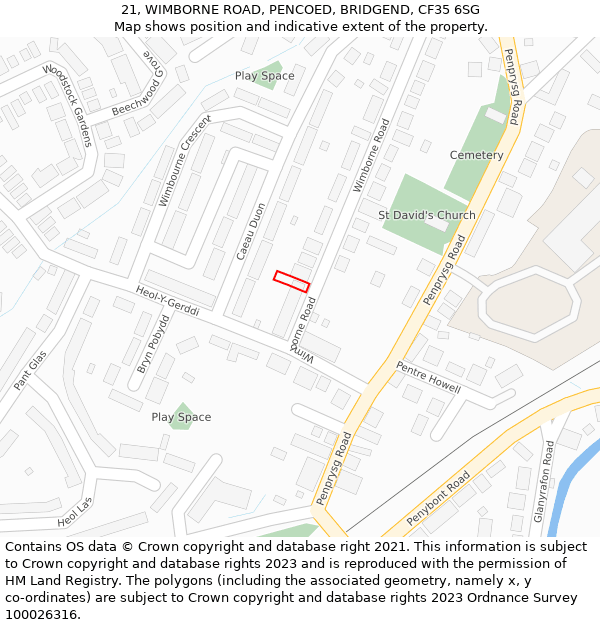 21, WIMBORNE ROAD, PENCOED, BRIDGEND, CF35 6SG: Location map and indicative extent of plot