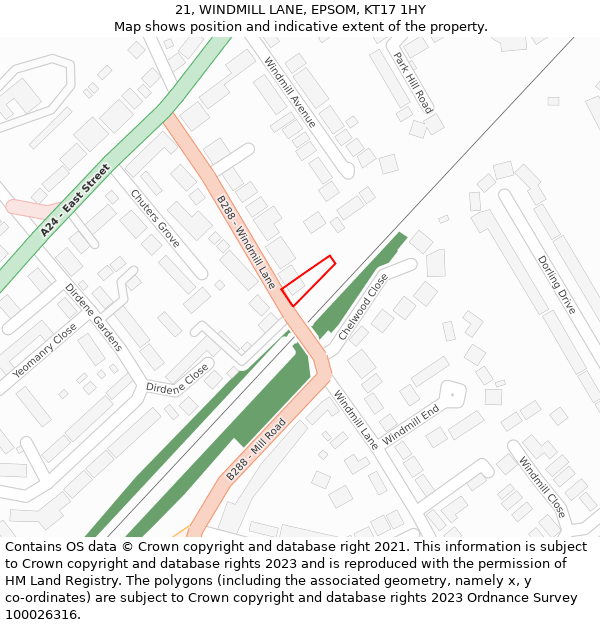 21, WINDMILL LANE, EPSOM, KT17 1HY: Location map and indicative extent of plot