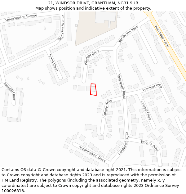 21, WINDSOR DRIVE, GRANTHAM, NG31 9UB: Location map and indicative extent of plot