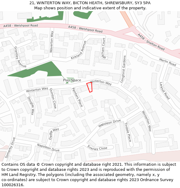 21, WINTERTON WAY, BICTON HEATH, SHREWSBURY, SY3 5PA: Location map and indicative extent of plot