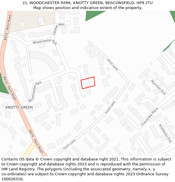 21, WOODCHESTER PARK, KNOTTY GREEN, BEACONSFIELD, HP9 2TU: Location map and indicative extent of plot