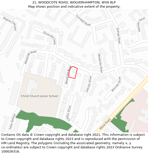 21, WOODCOTE ROAD, WOLVERHAMPTON, WV6 8LP: Location map and indicative extent of plot