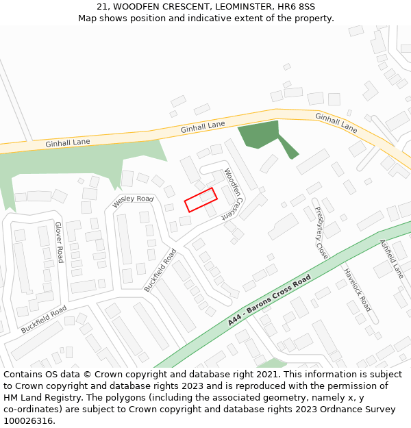 21, WOODFEN CRESCENT, LEOMINSTER, HR6 8SS: Location map and indicative extent of plot