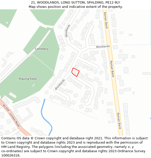 21, WOODLANDS, LONG SUTTON, SPALDING, PE12 9LY: Location map and indicative extent of plot
