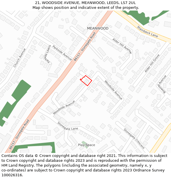 21, WOODSIDE AVENUE, MEANWOOD, LEEDS, LS7 2UL: Location map and indicative extent of plot