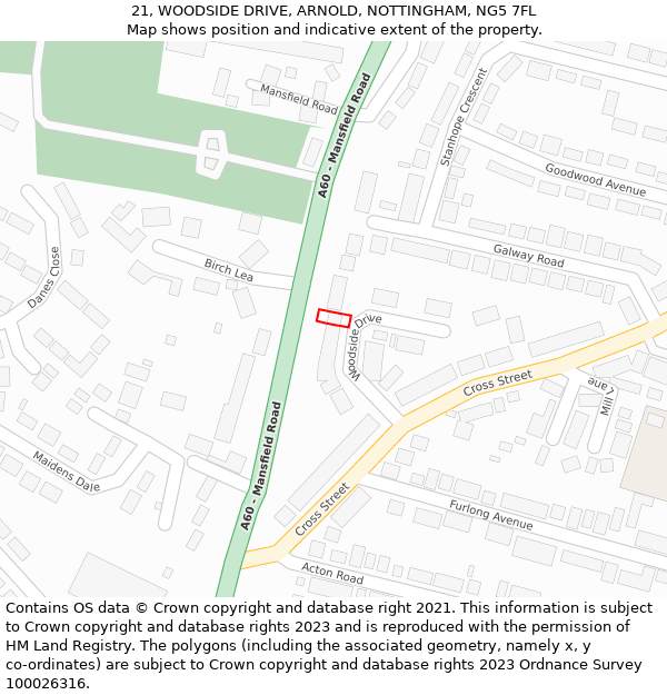 21, WOODSIDE DRIVE, ARNOLD, NOTTINGHAM, NG5 7FL: Location map and indicative extent of plot