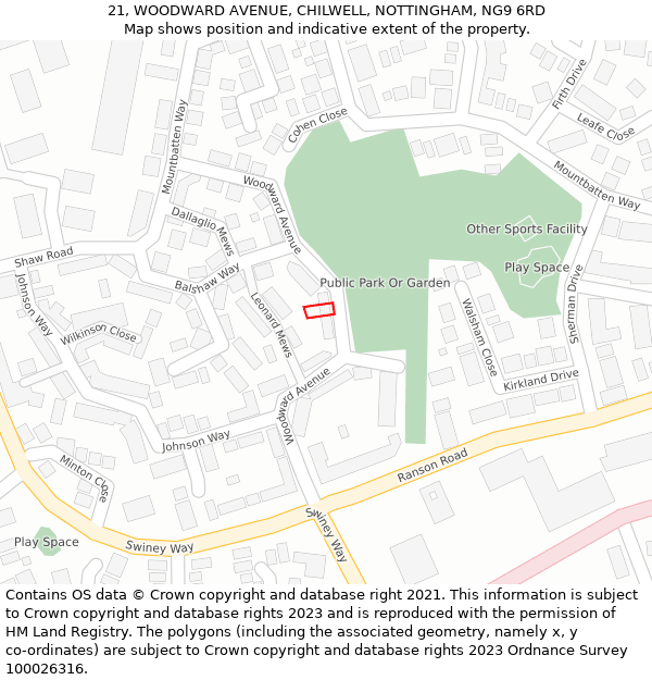 21, WOODWARD AVENUE, CHILWELL, NOTTINGHAM, NG9 6RD: Location map and indicative extent of plot