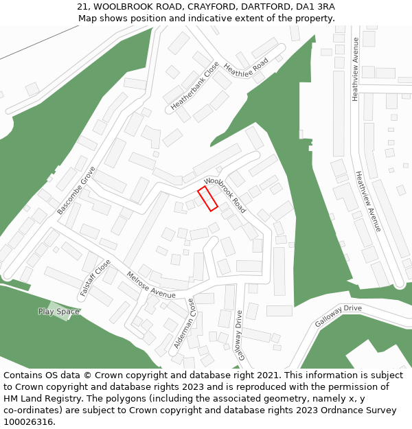 21, WOOLBROOK ROAD, CRAYFORD, DARTFORD, DA1 3RA: Location map and indicative extent of plot
