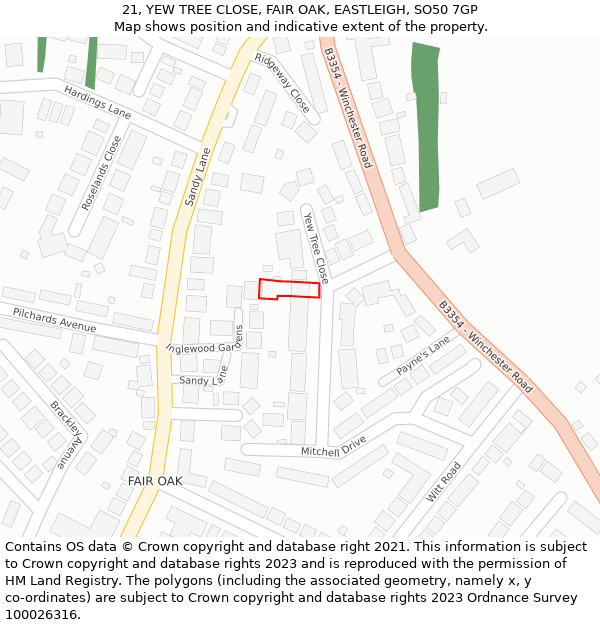 21, YEW TREE CLOSE, FAIR OAK, EASTLEIGH, SO50 7GP: Location map and indicative extent of plot