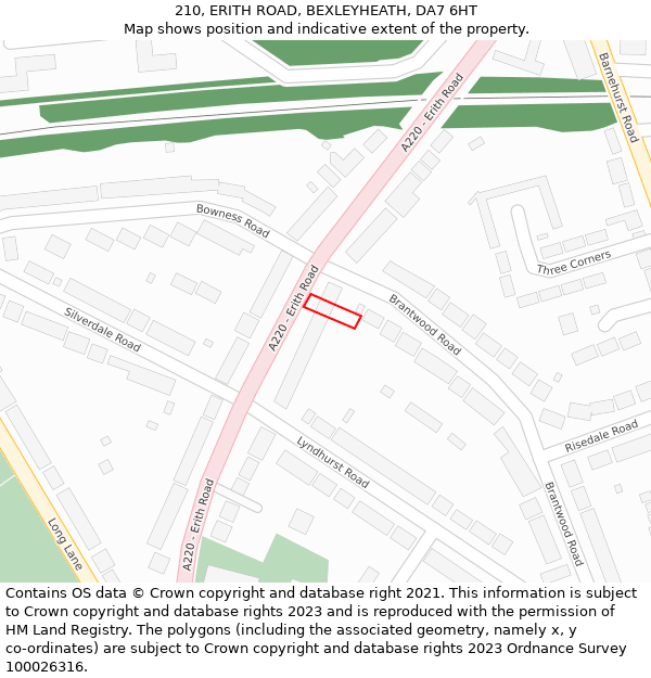 210, ERITH ROAD, BEXLEYHEATH, DA7 6HT: Location map and indicative extent of plot