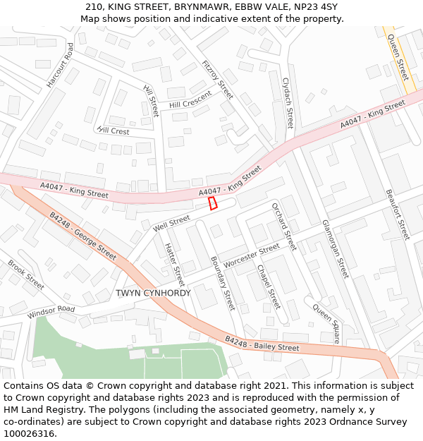 210, KING STREET, BRYNMAWR, EBBW VALE, NP23 4SY: Location map and indicative extent of plot