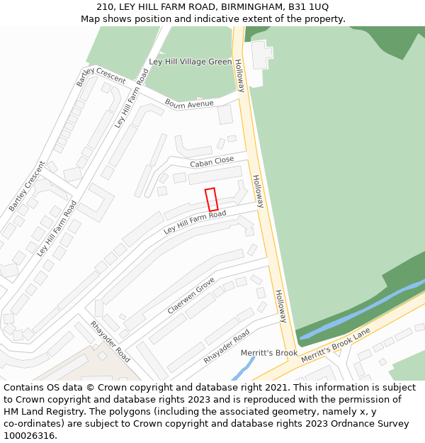 210, LEY HILL FARM ROAD, BIRMINGHAM, B31 1UQ: Location map and indicative extent of plot