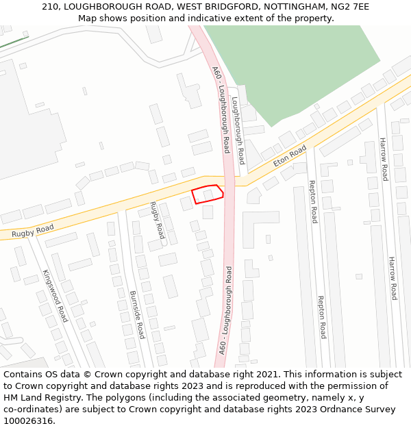 210, LOUGHBOROUGH ROAD, WEST BRIDGFORD, NOTTINGHAM, NG2 7EE: Location map and indicative extent of plot