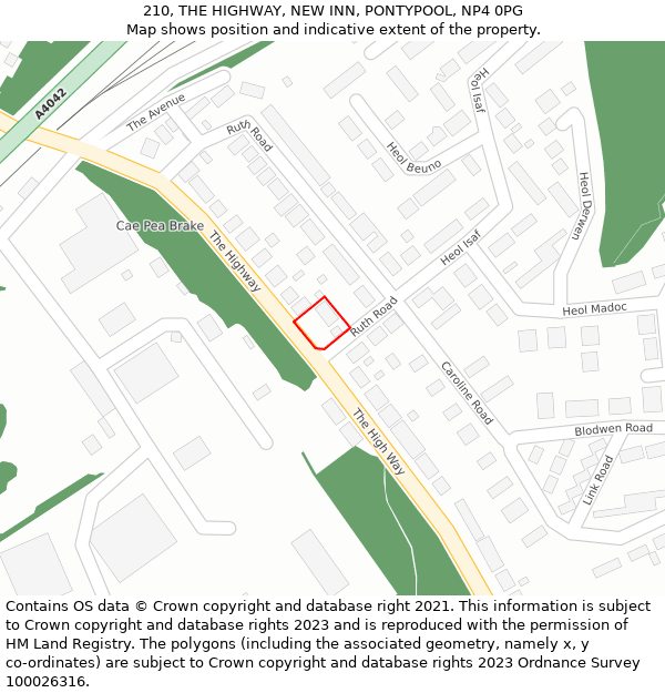 210, THE HIGHWAY, NEW INN, PONTYPOOL, NP4 0PG: Location map and indicative extent of plot