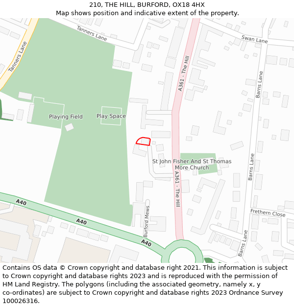 210, THE HILL, BURFORD, OX18 4HX: Location map and indicative extent of plot