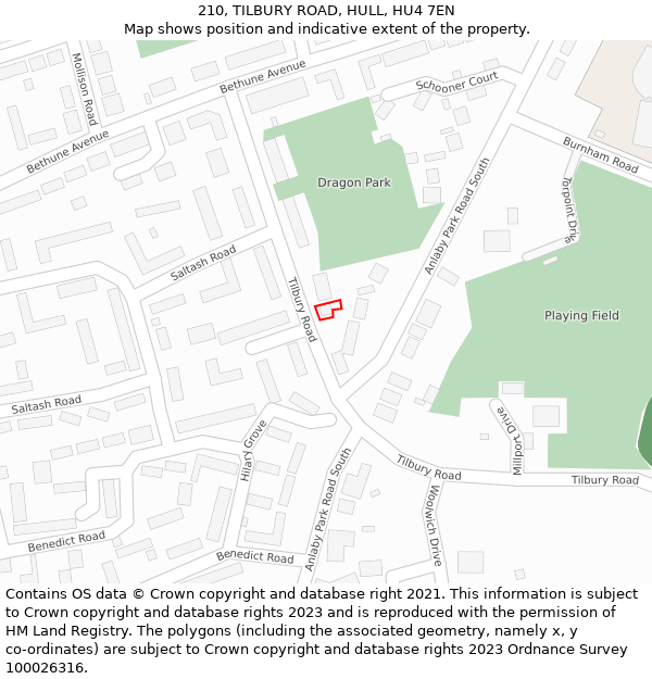 210, TILBURY ROAD, HULL, HU4 7EN: Location map and indicative extent of plot