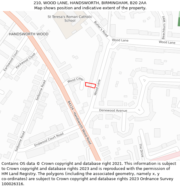 210, WOOD LANE, HANDSWORTH, BIRMINGHAM, B20 2AA: Location map and indicative extent of plot