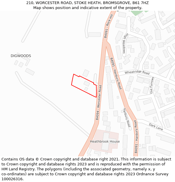210, WORCESTER ROAD, STOKE HEATH, BROMSGROVE, B61 7HZ: Location map and indicative extent of plot