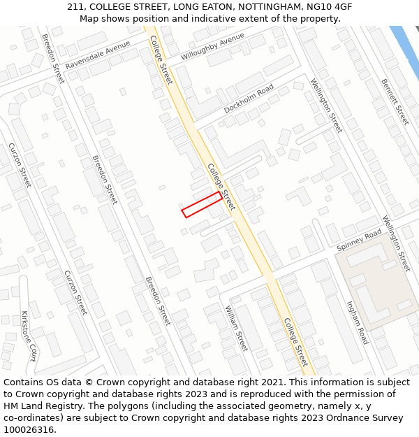 211, COLLEGE STREET, LONG EATON, NOTTINGHAM, NG10 4GF: Location map and indicative extent of plot