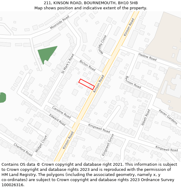 211, KINSON ROAD, BOURNEMOUTH, BH10 5HB: Location map and indicative extent of plot