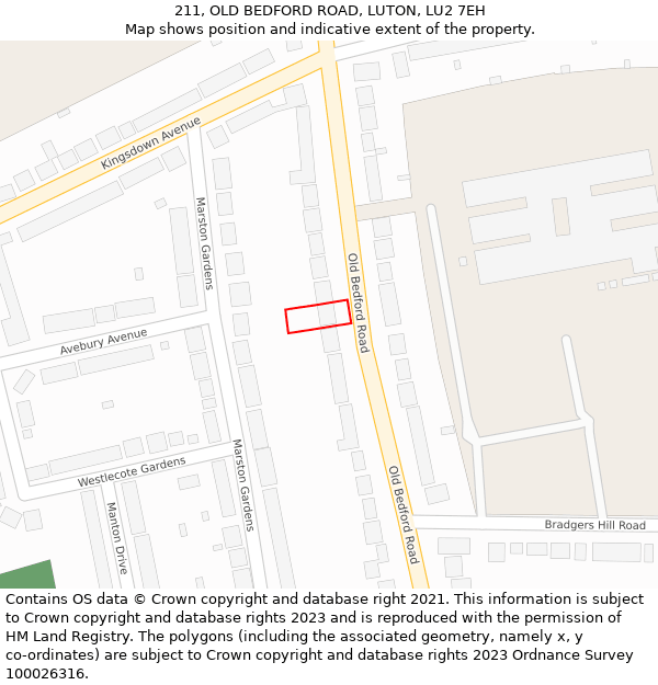 211, OLD BEDFORD ROAD, LUTON, LU2 7EH: Location map and indicative extent of plot