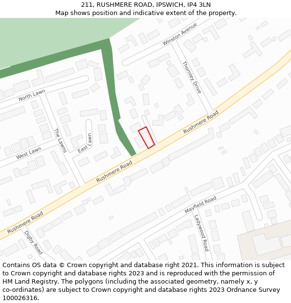 211, RUSHMERE ROAD, IPSWICH, IP4 3LN: Location map and indicative extent of plot