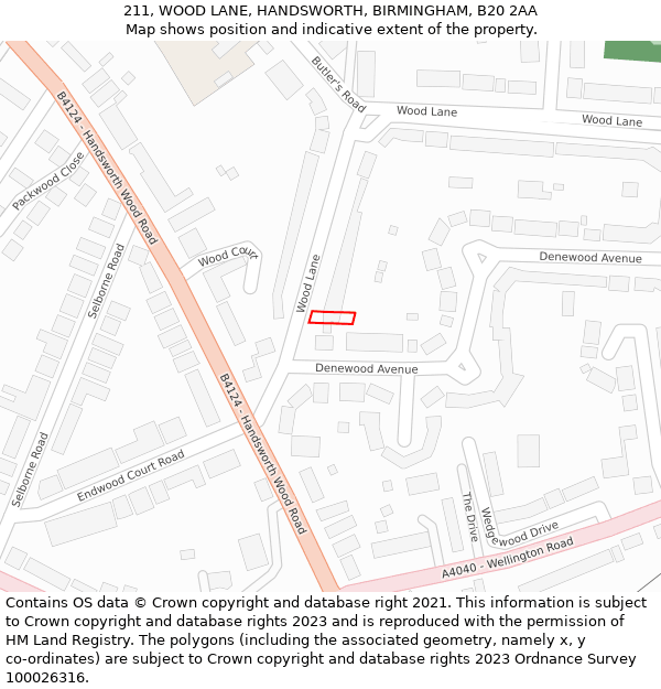 211, WOOD LANE, HANDSWORTH, BIRMINGHAM, B20 2AA: Location map and indicative extent of plot