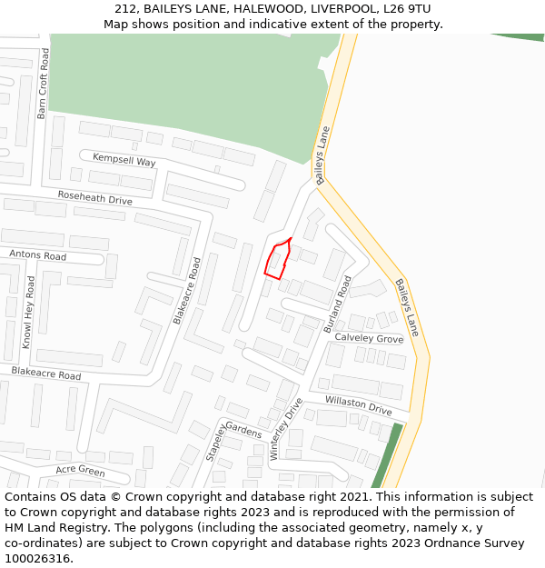 212, BAILEYS LANE, HALEWOOD, LIVERPOOL, L26 9TU: Location map and indicative extent of plot