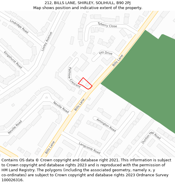 212, BILLS LANE, SHIRLEY, SOLIHULL, B90 2PJ: Location map and indicative extent of plot