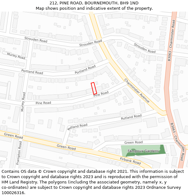 212, PINE ROAD, BOURNEMOUTH, BH9 1ND: Location map and indicative extent of plot