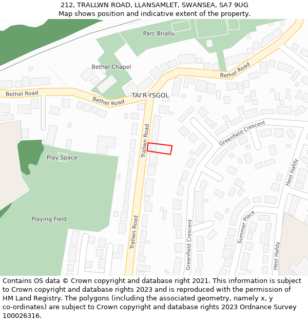 212, TRALLWN ROAD, LLANSAMLET, SWANSEA, SA7 9UG: Location map and indicative extent of plot