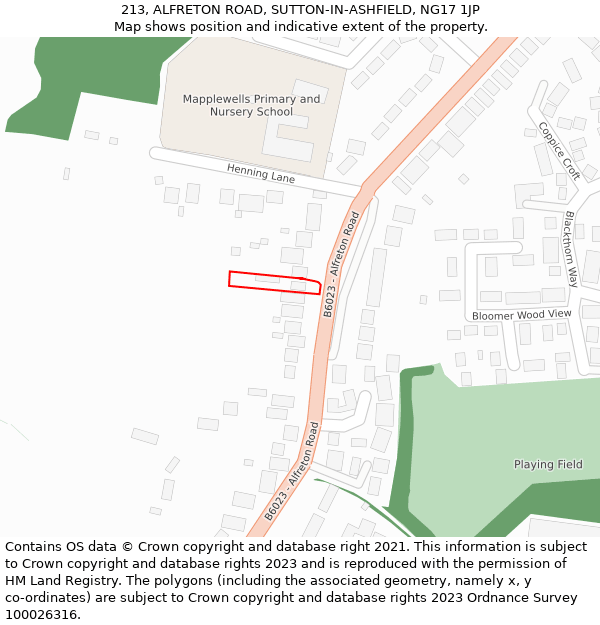 213, ALFRETON ROAD, SUTTON-IN-ASHFIELD, NG17 1JP: Location map and indicative extent of plot
