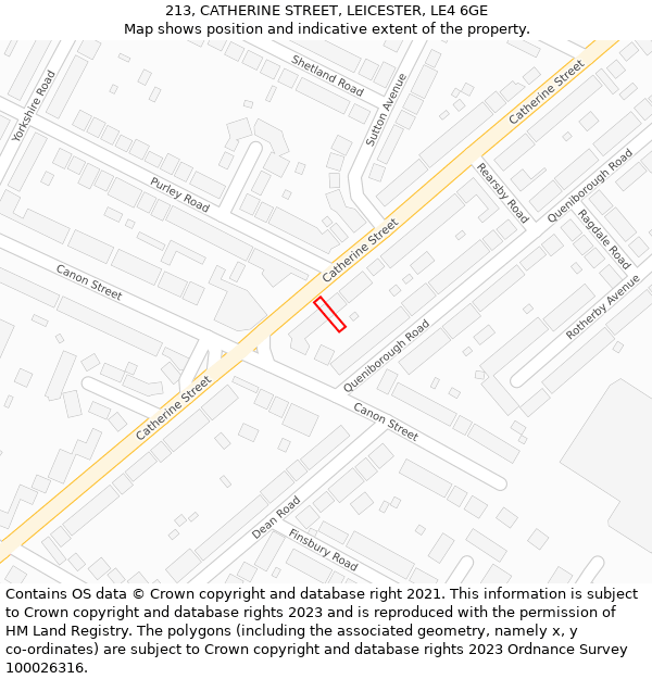 213, CATHERINE STREET, LEICESTER, LE4 6GE: Location map and indicative extent of plot