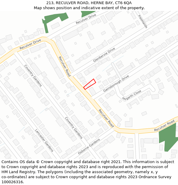 213, RECULVER ROAD, HERNE BAY, CT6 6QA: Location map and indicative extent of plot