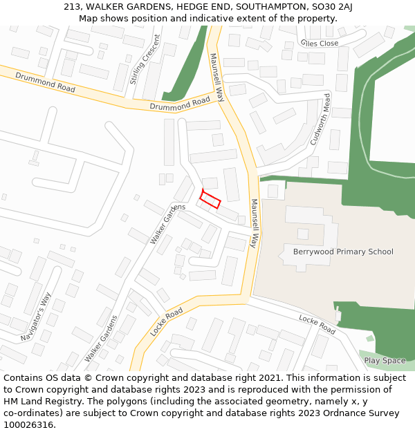 213, WALKER GARDENS, HEDGE END, SOUTHAMPTON, SO30 2AJ: Location map and indicative extent of plot