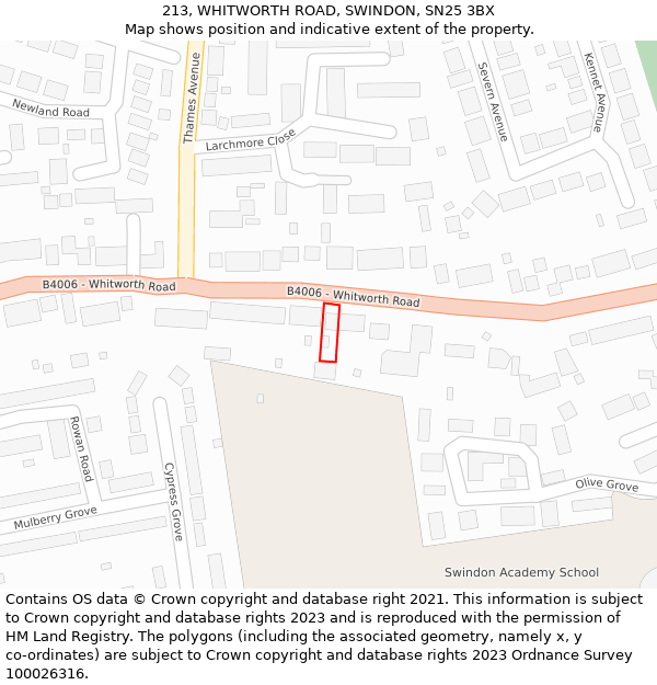 213, WHITWORTH ROAD, SWINDON, SN25 3BX: Location map and indicative extent of plot