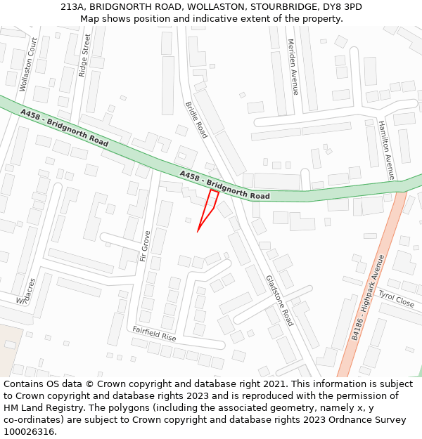 213A, BRIDGNORTH ROAD, WOLLASTON, STOURBRIDGE, DY8 3PD: Location map and indicative extent of plot