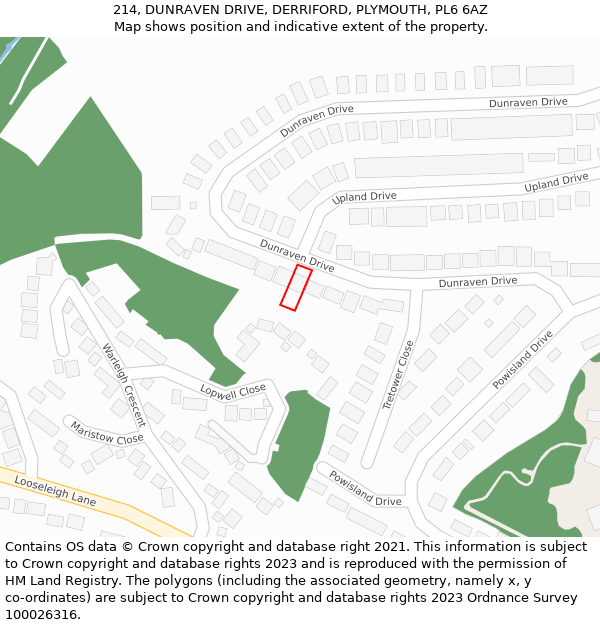 214, DUNRAVEN DRIVE, DERRIFORD, PLYMOUTH, PL6 6AZ: Location map and indicative extent of plot