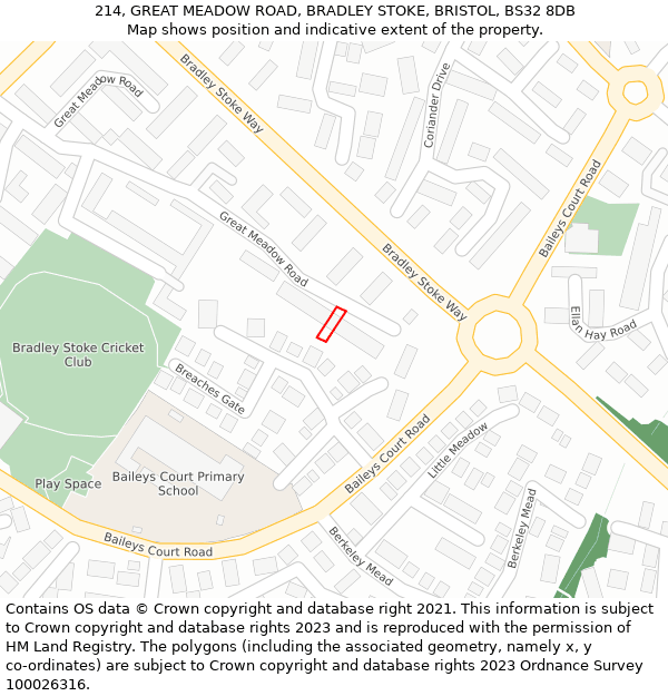 214, GREAT MEADOW ROAD, BRADLEY STOKE, BRISTOL, BS32 8DB: Location map and indicative extent of plot