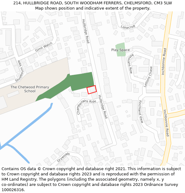 214, HULLBRIDGE ROAD, SOUTH WOODHAM FERRERS, CHELMSFORD, CM3 5LW: Location map and indicative extent of plot
