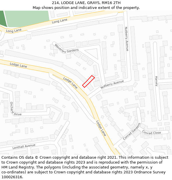 214, LODGE LANE, GRAYS, RM16 2TH: Location map and indicative extent of plot