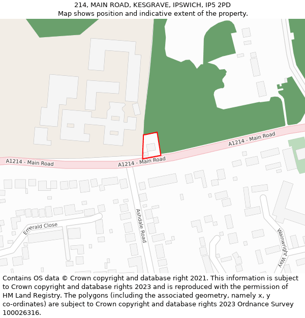 214, MAIN ROAD, KESGRAVE, IPSWICH, IP5 2PD: Location map and indicative extent of plot