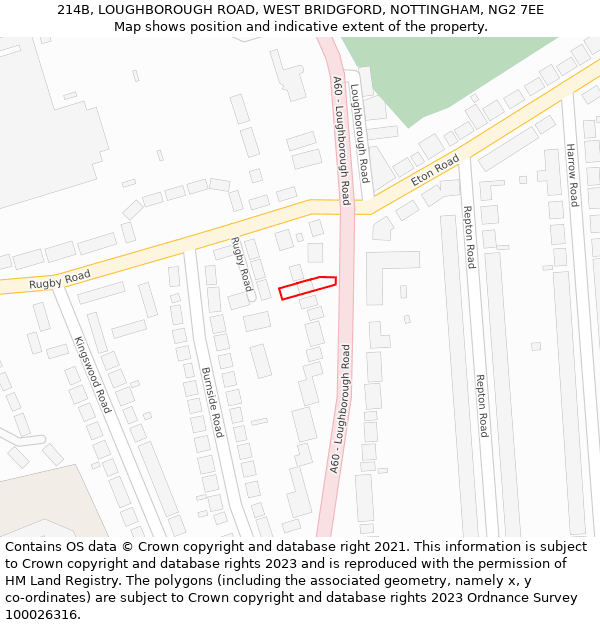 214B, LOUGHBOROUGH ROAD, WEST BRIDGFORD, NOTTINGHAM, NG2 7EE: Location map and indicative extent of plot