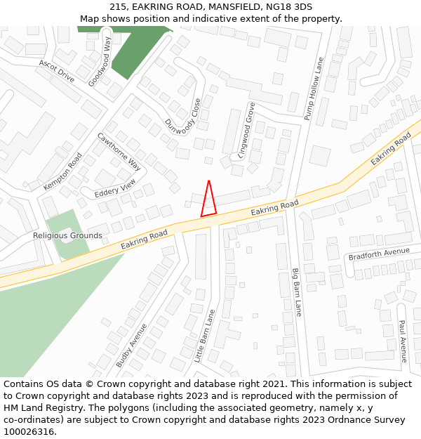 215, EAKRING ROAD, MANSFIELD, NG18 3DS: Location map and indicative extent of plot